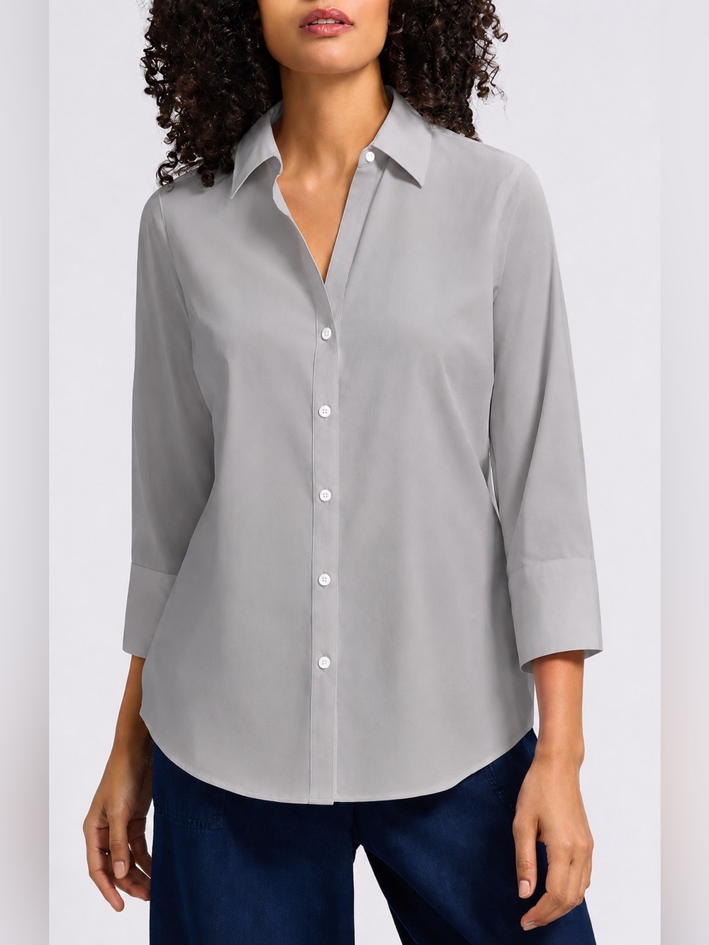 Foxcroft‎ Light Gray Button-Down Shirt with Three-Quarter Sleeves